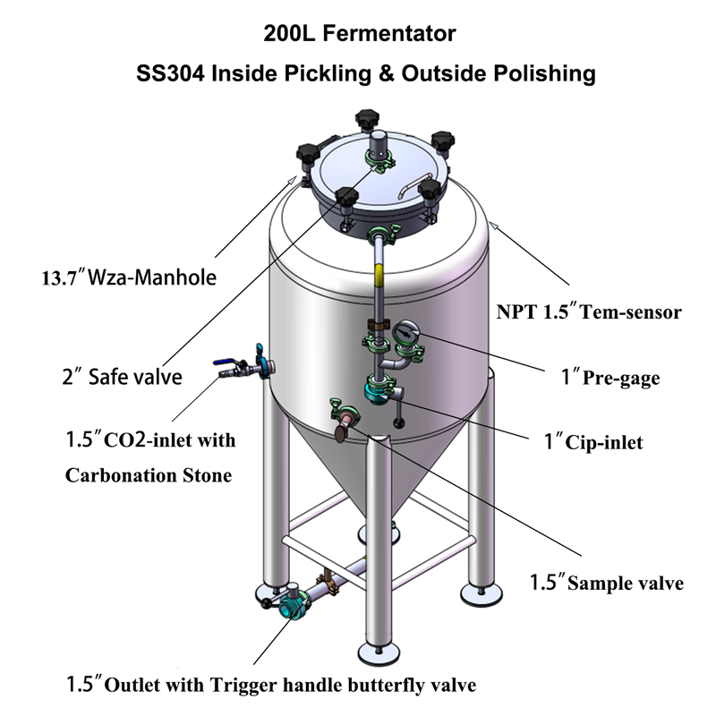 Stainless steel SS304 200L Conical Beer Inside Pickling & Outside Polishing Fermenter