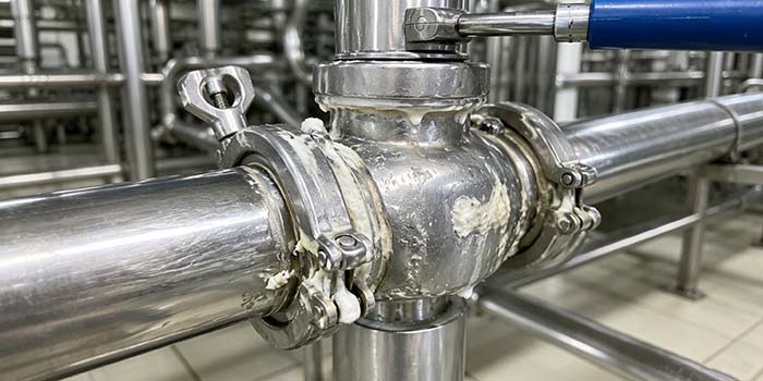 Dairy pipeline with visible residue near a valve body – close-up of contamination risk point