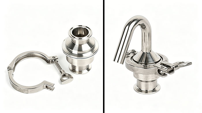 side by side comparison of a sanitary check valve and a sanitary pressure relief valve for hygienic processing lines
