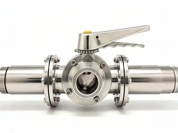sanitary butterfly valve with tri-clamp connection installed on a stainless steel pipeline in a hygienic processing facility