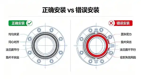 comparison image showing correct alignment and even clamp tightening versus misaligned ferrules and uneven compression on a clamp-end sanitary valve